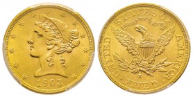 USA, 5 Dollars, San Francisco, 1903 S, 8.35 g.
Ref : Fr. 145, KM#129 Conservation : PCGS MS64