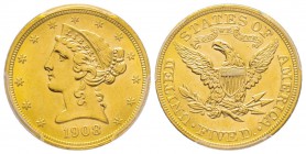 USA, 5 Dollars, Philadelphia, 1908, 8.35 g.
Ref : Fr. 143, KM#129 Conservation : PCGS MS64