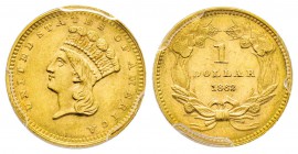 USA, 1 Dollar, Philadelphia, 1862, AU 1.67 g.
Ref : Fr. 94, KM#83 Conservation : PCGS MS63