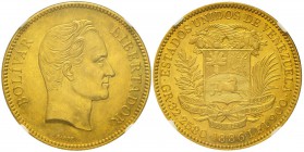 Venezuela
100 Bolivares, Caracas, 1886, au 32.25 g.
Ref : Fr. 2, KM#Y34 Conservation : NGC AU58. presque FDC Quantité : 4.250 exemplaires. Très Rare...