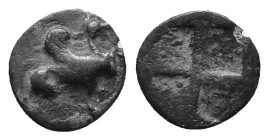 Ionia, Teos. Circa 450-425 BC. AR Hemiobol(?) Griffin seated right, raising forepaw / Quadripartite incuse square. Matzke Series Cb5; Balcer 68; SNG C...