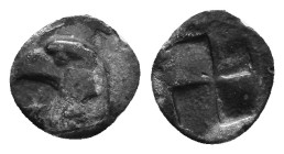 Aeolis, Kyme AR Hemiobol. Circa 450-400 BC. Head of eagle left; K to left / Quadripartite incuse square. SNG Ashmolean –; SNG von Aulock 1623 ; SNG Co...