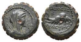 Seleukid Empire, Antiochos IV Epiphanes Serrate, Ake-Ptolemais, circa 173/2 BC. Veiled and diademed bust of Laodike IV to right; monogram behind / BAΣ...