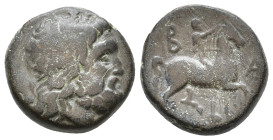Kings of Macedon, Philip V. 221-179 BC. AE Pella or Amphipolis, ca. 186-183/2 B.C. Wreathed head of Zeus right / B-A / Φ, rider on horseback right, ra...