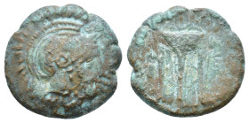 Akarnania. Medeon circa 300-250 BC. Helmeted head of Athena right. / Tripod. Imhoof-Blumer, Akarnanien p. 141, 5; BCD Akarnania -. AE 4,35g.