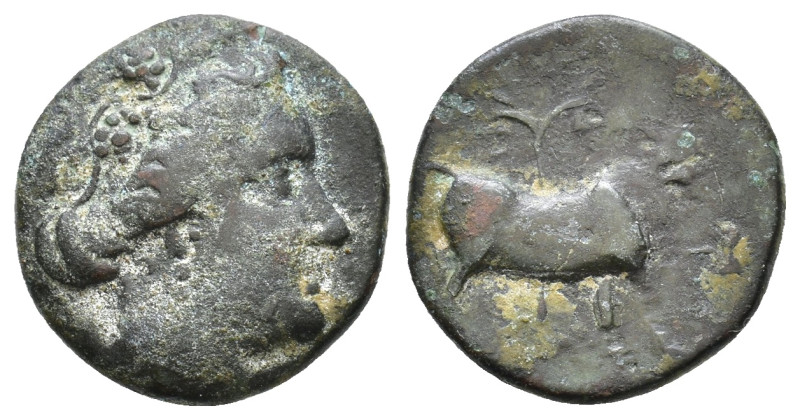 Euboea, Histiaea . Circa 350-340 BC. Head of a Maenad right, wearing earring, ne...