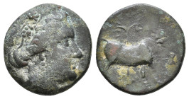 Euboea, Histiaea . Circa 350-340 BC. Head of a Maenad right, wearing earring, necklace and a wreath of vines / ISTI, bull standing right before a grap...