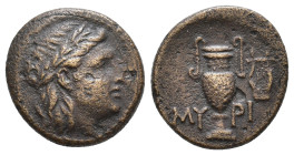 Aeolis, Myrina. AE 200-100 BC. Laureate head of Apollo to right. Rev. MY-PI across fields to upper right, lyre. SNG Copenhagen 225. AE 3,61g.