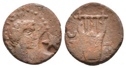 Thrace, Sestus. Augustus AE 27 BC-14 AD. Obv: CЄBACTOY. Bare head right; c/m: six-pointed star within incuse circle. Rev: CHC / TI. Lyre. RPC I 1740. ...