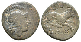 Kings of Thrace. Uncertain mint in Thrace. Lysimachos 305-281 BC. Unit AE Helmeted head of Athena right / BAΣIΛΕΩΣ ΛYΣIΜΑΧΟΥ, lion leaping right, belo...
