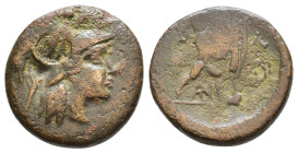 Kings of Macedon, Antigonos II Gonatas. AE 277-239 BC. AE Uncertain Macedonian mint. Helmeted head of Athena to right. / Pan standing to right, erecti...
