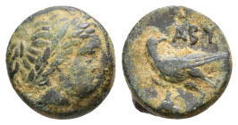 Troas, Abydos. 4th century BC. AE Laureate head of Apollo right / Eagle standing left; boukranion to lower left. SNG Ashmolean 979; SNG Copenhagen 36....