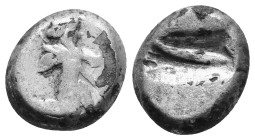 Persia, Achaemenid Empire. temp. Darios I to Xerxes II. Circa 485-420 BC. Fourrée Siglos Lydo-Milesian standard. Sardes mint. Persian king or hero, we...