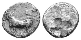 Thrace, Byzantium. AR half-siglos or hemidrachm Circa 350-300 BC. Obv: Bull standing left on dolphin left; ΠY above Rev: Quadripartite incuse square o...