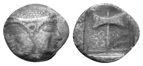 Islands off Troas, Tenedos. AR Hemidrachm Circa 550-470 BC. Obv: Archaic janiform head, male on left, female on right (Zeus and Hera?) Rev: Double axe...