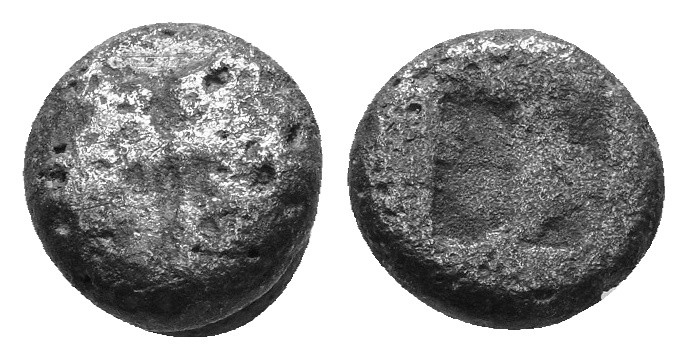 Lesbos, Uncertain. Billon Obol Circa 500-450 BC. Obv: Confronted boar heads. Rev...