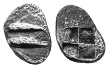 Mysia, Kyzikos. AR Obol, Circa 550-480 BC. Dolphin left above tunny left. / Quadripartite incuse square. Unpublished. Rare. AR 0,84g.