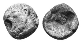 Asia Minor, Uncertain. AR Obol, Circa 600-500 BC. Head of roaring lioness or panther left / Rough square incuse punch. Apparently unpublished. AR 0,60...