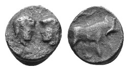 Caria, Uncertain. AR Hemiobol, 420-350 BC. Bare female and male (or female) heads facing one another / Bull standing right within incuse circle. AR 0,...