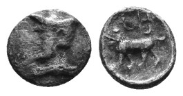 Cilicia, Uncertain. Early 4th century BC. AR Hemiobol Draped bust of Hermes to left, wearing petasos. Rev. bēth lāmadh, in Aramaic (= Baal) Lion walki...