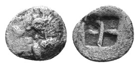 Thrace, Chersonesos. Circa 386-338 BC. AR Obol. Obv: Forepart of lion right, head left. Rev: Quadripartite incuse square. Very rare. AR 0,32g.
