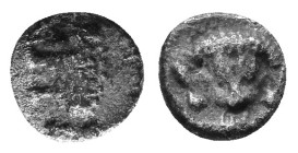 Caria, Mylasa. Circa 420-390 BC. Hemiobol AR. Milesian standard. Forepart of a roaring lion to right, head turned back to left / Facing forepart of a ...