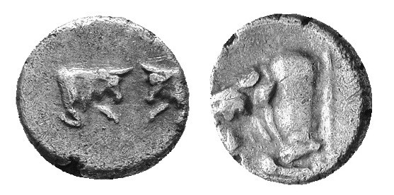 Caria, Uncertain. AR Hemiobol, Circa 500-450 BC. Forepart of bull left. / Confro...