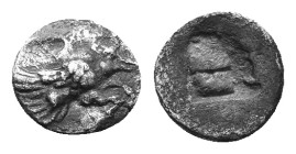Ionia, Klazomenai. AR Diobol Circa 499-494 BC. Forepart of winged boar to right / Quadripartite incuse square. S NG München 451; SNG Kayhan 334; SNG C...