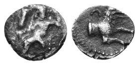 Lycaonia, Laranda Circe 324/3 BC. AR Obol Baaltars seat ed left, holding grain ear, grape bunch, and scepter / Forepart of wolf right; inverted cresce...