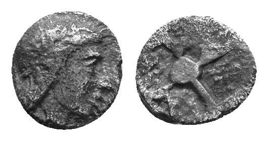 Ionia, Kolophon. Circa 450-410 BC. AR Hemiobol. Laureate head of Artemis right /...