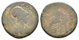 Lydia, Sala. Pseudo-autonomous. Time of Hadrian 117-138 AD. AE Helmeted bust of Athena right, wearing aegis. / Kybele seated left on throne, holding p...