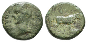 Macedon, Philippi, Claudius. 41-54 AD. AE Bare head of Claudius ; uncertain countermark on neck. / Two togate priests performing the Pomerium ritual, ...