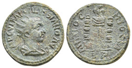 Pisidia, Antioch, Volusian. 251-253 AD. AE IMP C V IMP GALVSSIANO AVG, radiate, draped and cuirassed bust right / ANTIO-C-HIO CLA, vexilium surmounted...