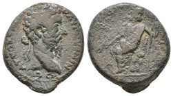 Cyrrhestica, Cyrrhus, Marcus Aurelius. 161-180 AD. AE Obv: Laureate head right. Rev: Zeus Kataibates seated left on rock, holding thunderbolt over eag...