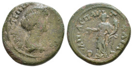 Thrace, Pautalia. Faustina II 147-175 AD. AE ΦAVCTEINA CEBACTH, draped bust right, hair knotted behind head / OYΛΠIAC ΠAYTAΛIAC, Tyche, kalathos on he...