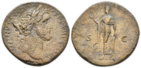 Antoninus Pius. 138-161 AD. AE Sestertius.Rome. Obv: ANTONINVS AVG PIVS P P TR P COS III. Laureate head right. Rev: S - C. Spes advancing left, holdin...