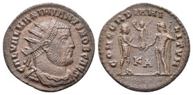 Maximianus First reign, 286-305 AD. AE Radiate. Cyzicus, 295-299 AD. Radiate and draped bust r. R/ Prince standing r. in military dress, receiving sma...