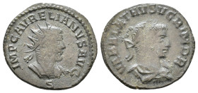 Aurelian and Vabalathus AE Antoninianus. Antioch. 271-272 AD. Radiate and cuirassed bust right, officina letter S below / Laureate and draped bust of ...