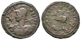 Probus. 276-282 AD. Antoninianus. Radiate, helmeted, and cuirassed bust left, holding spear over shoulder and shield decorated with warrior on horseba...