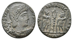 Constantius II. 330-335 AD. AE Follis. Obverse: CONSTANTIVS AVG, Diademed and cuirassed bust of Constantius right. Reverse: GLORIA EXERCITVS, Two sold...
