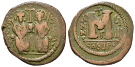 Justin II and Sophia. 565-578 AD. AE 40 Nummi. Antioch, Year 6. 573/4 AD. Justin and Sophia enthroned facing. / Large M; above, cross, date across fie...