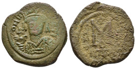 Maurice Tiberius. 582-602 AD. AE 40 Nummi. Nicomedia, uncertain Year. Crowned and cuirassed facing bust. / Large M; A/N/N/O to l., above, cross, date ...