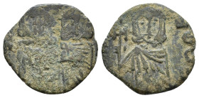 Constantinus V with Leo IV. 741-775 AD. AE Follis. Syracuse, 757-775 AD. Coronated busts of Constantinus V and leo IV facing, holding chlamys and hold...