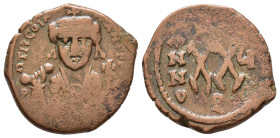 Tiberius II Constantine. 578-582 AD. AE 20 Nummi. Antioch, Year 5. 578/9 AD. Cuirassed bust facing. / Large XX ; date across field, above, cross; in e...