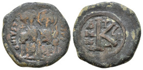 Justin II and Sophia. 565-578 AD. AE 20 Nummi. Cyzicus, Year 7. 571/2 AD. Justin and Sophia, both nimbate, enthroned facing. / Large K; above, cross, ...