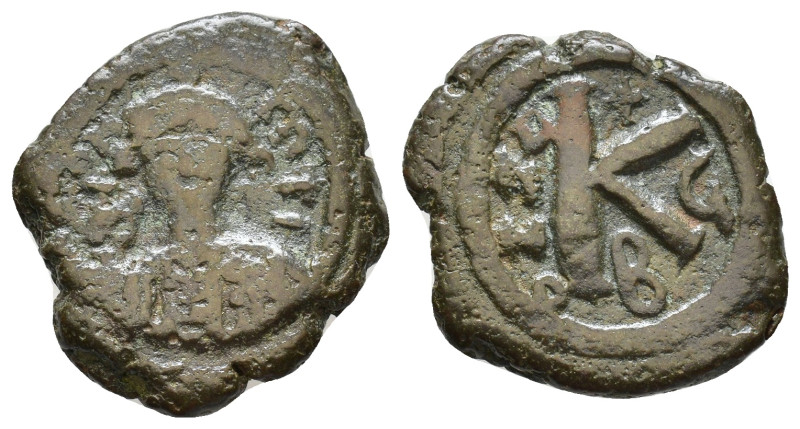 Maurice Tiberius, 582-602 AD. Half Follis, B = 2nd officina, year 7 = 588-589. A...