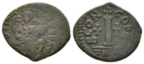 Justin I. and Justinian I. 527 AD. Decanummium. Antioch. Obv: DN DN IVSTINVS ET IVSTINIANVS P P AVG. Crowned and draped facing busts of Justin and Jus...