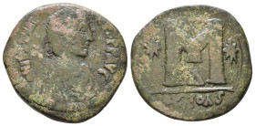 Justinian I. 527-565 AD. Struck 537-539 AD. Theoupolis (Antioch). 4th officina. Follis AE. Class IV. [D] N IVSTINI-ANVS P P AVG, diademed, draped, and...