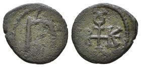 Maurice Tiberius. 582-602 AD. Pentanummium. Theoupolis (Antiochia). Monogram of Maurice Tiberius. Rev. Large Ч; above, cross. AE 1,32g.