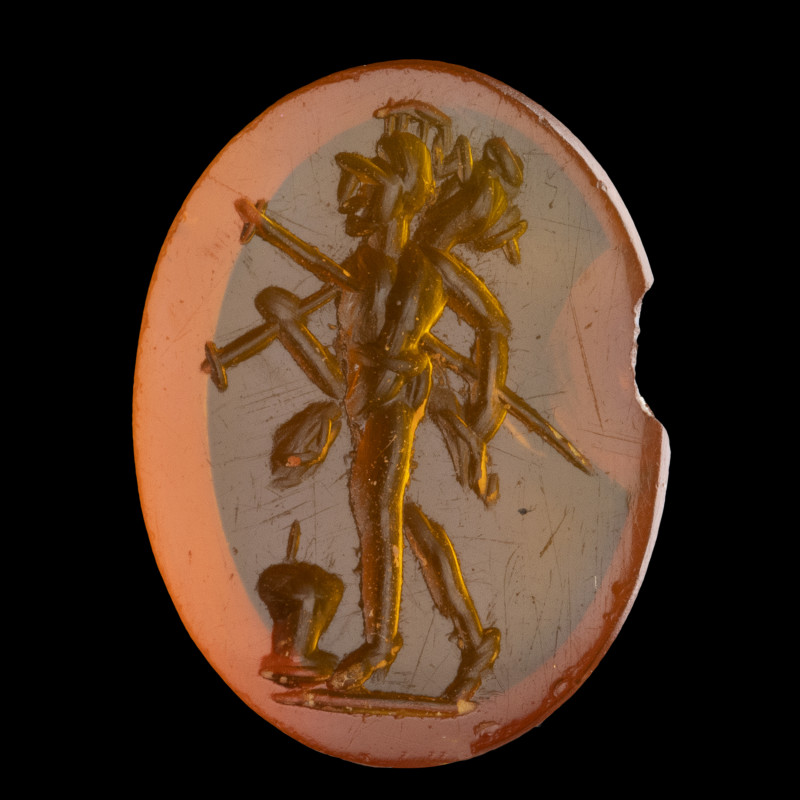 INTAILLE
Sur cornaline figurant Mars Gravidus debout, de profil v. la gauche av...